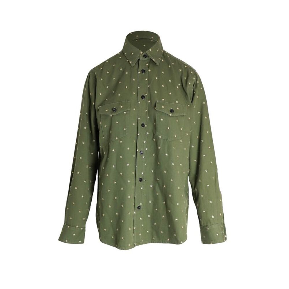 Saint Laurent Star-Embroidered Button-Up Shirt in Green Cotton